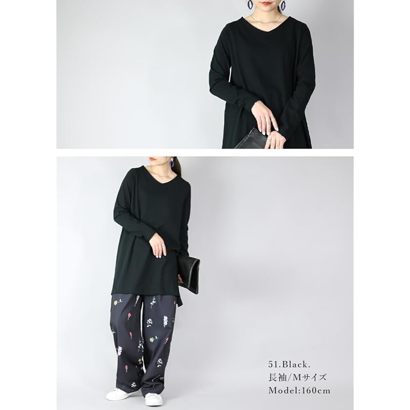 [And It] Made In Japan V-neck A-line Long Cut and Sew Ladies Tops Plain Color 100% Cotton Tunic T-shirt Ron T One Piece M 51 Black (long Sleeve)