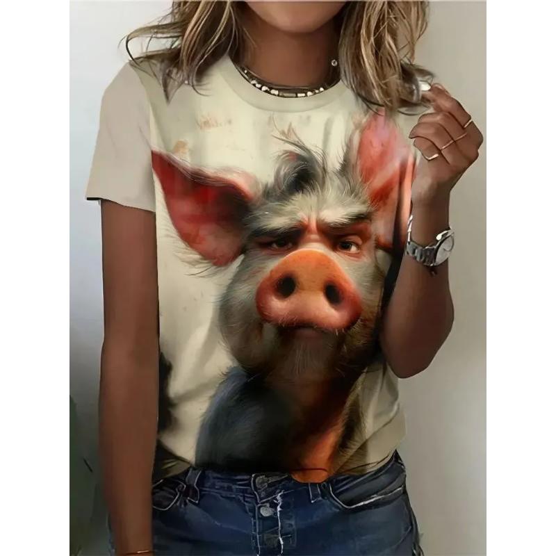 Fashion Women's Animal Short Sleeve 3D Animal Color Printing Crew Neck T-Shirt Crew Neck Short Sleeve