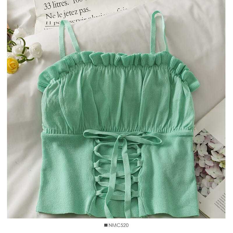 Short Style Crop Top with Exposed Navel and Black Fungus Edge Slim Fit Camisole Women's New Style Drawstring Tied Knit Vest Summer
