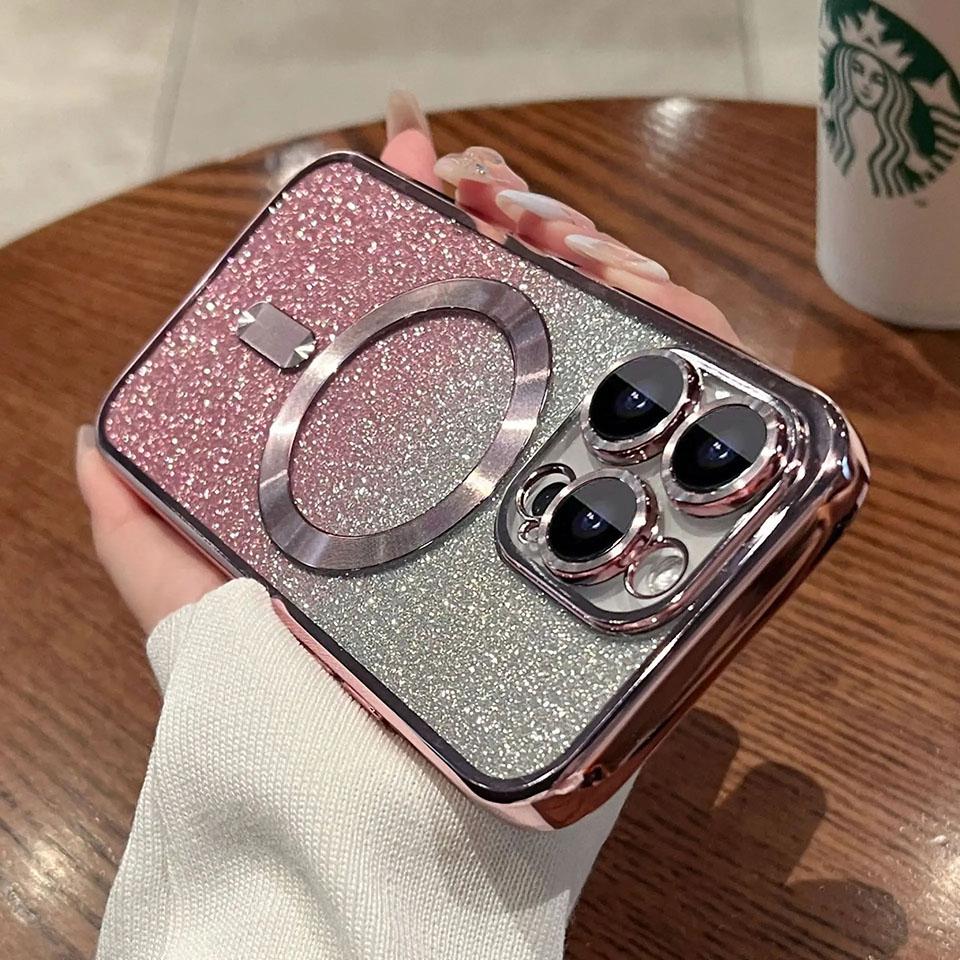 Woman Luxury Plating Glitter Case For Magsafe For iPhone 15 13 11 12 14 Pro Max Plus Accessories Magnetic Wireless Charge Cover