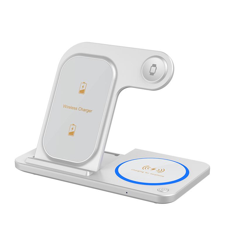 3-in-1 Multifunctional Earphone Watch Stand with Double Coil Wireless Charger and Light Folding Feature.