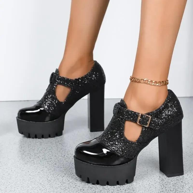 Fashion Sexy Sequined Cloth Super High Heel Pumps Loafers Women 2025 Autumn Chunky Platform Metal Buckle Pumps Fashion Dress Party Shoes