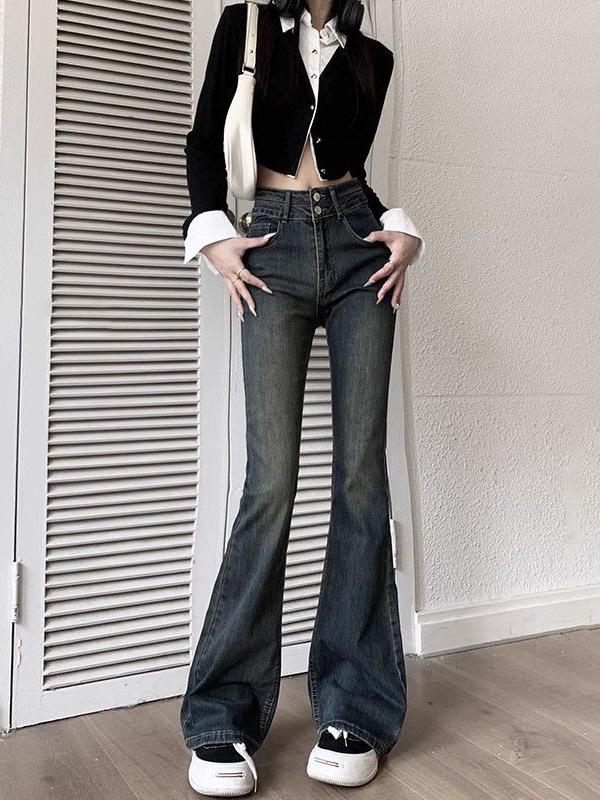 Högmidjade Flare Skinny Jeans i Storlek för Kvinnor - 2025 Sommar Smalande Vida Ben Golvlånga Byxor