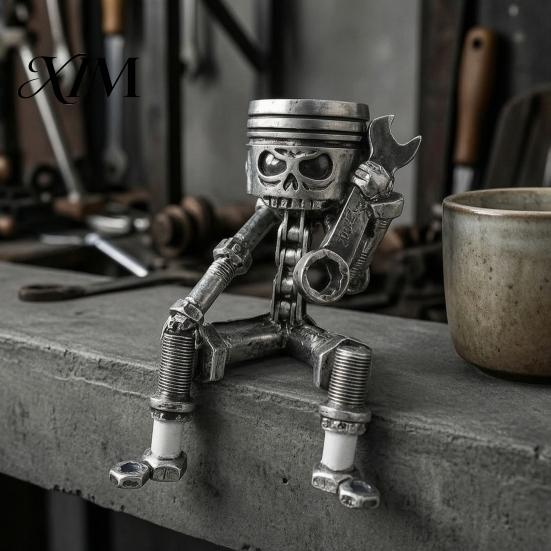 Cyberpunk Style Collectible Mechanical Skull Figurine with Gear Base, Industrial Piston-Head Skeleton Statue Wrench, Gift for Car Lovers Gearheads