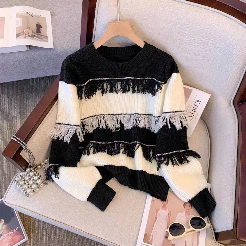 College style top fringed autumn and winter new design sense striped knitted bottoming shirt loose crew neck sweater women