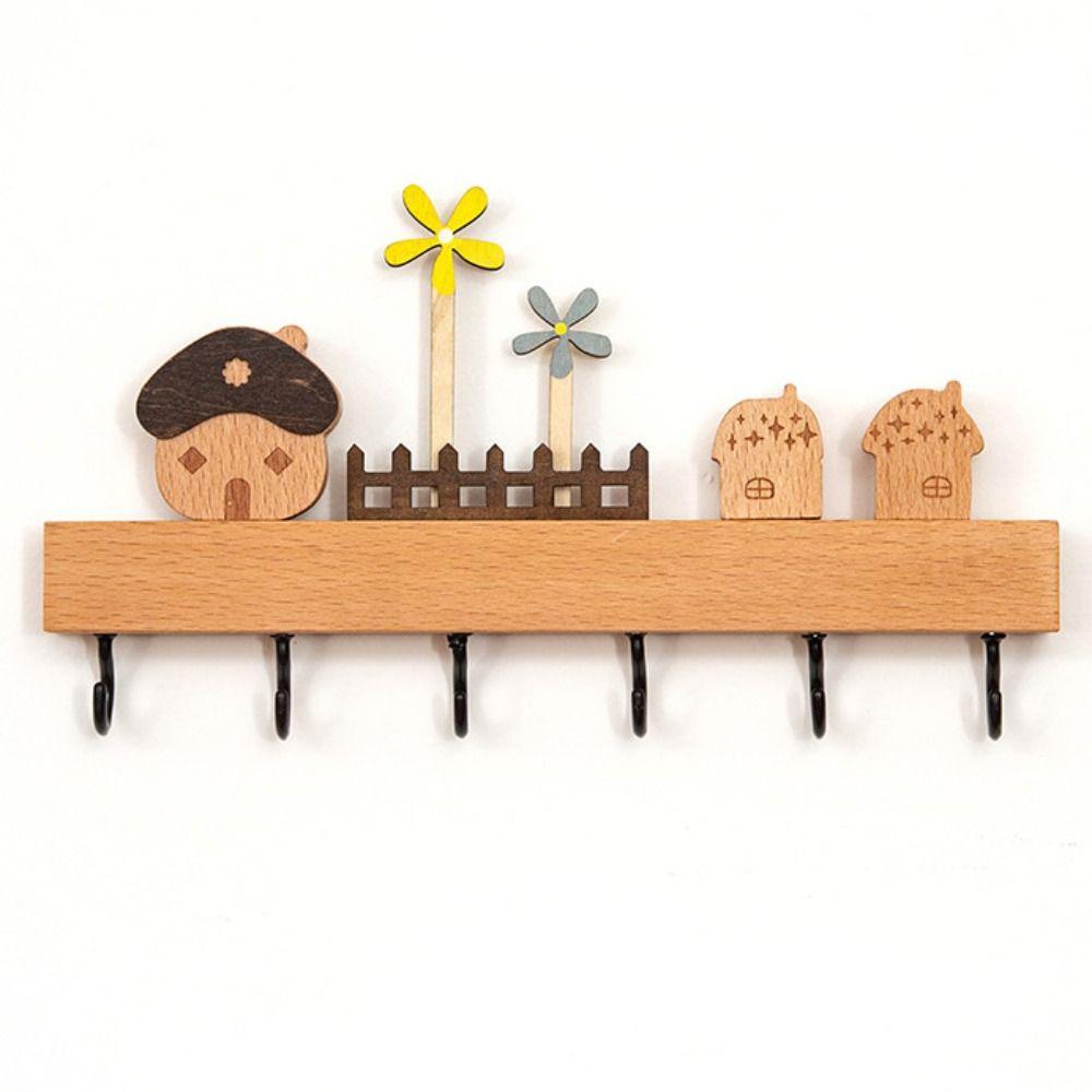 Wooden Key Hook Rack 6 Hooks Sundries Storage Shelf Coat Rack Kitchen Bathroom Bedroom