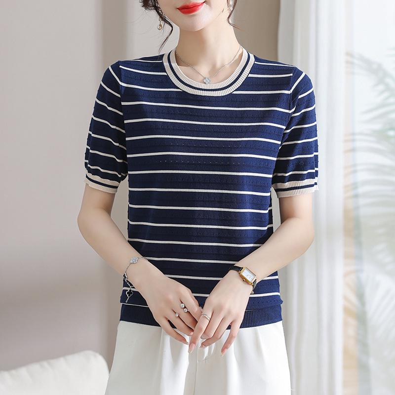

Mother s Day Stylish Striped Knit Ice Silk Top for Middle-Aged & Elderly Women - Short-Sleeve Summer Wear L (for 80-100 lbs)