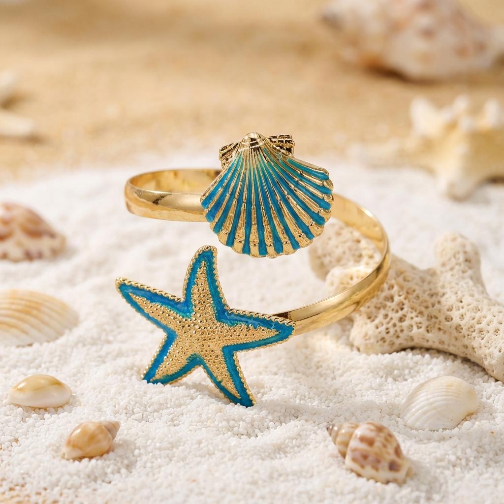 Exaggerated Starfish Shell Open Bracelet for Women Trendy Gold Color Metal Blue Enamel Marine Bracelet Beach Vacation Jewelry