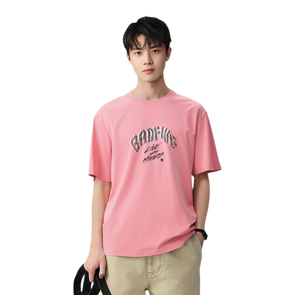 Li-Ning Badfive Letter Print Crew Neck T-Shirt Men Tops Apricot Pink AHSU427-6