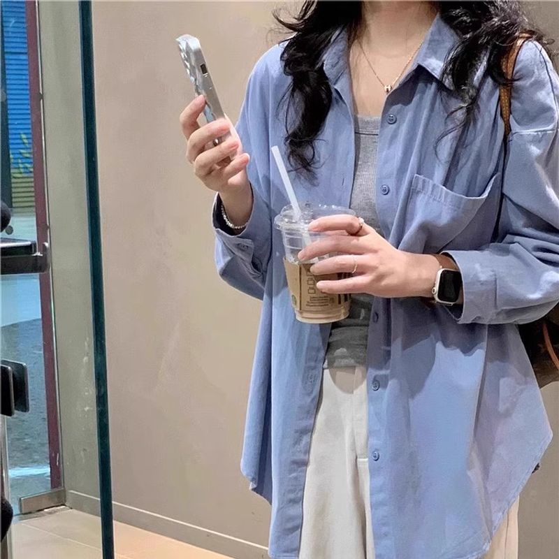 

French style Blue Shirts Women Early Spring 2025 New Korean Series Loose Casual Polo Shirt Long sleeve Temperament Top Blue XL