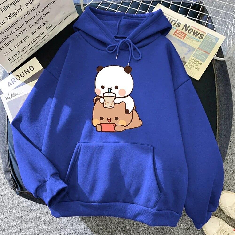 Bubu And Dudu Drink Bubble Tea Print Women Hoodie Kawaii Female Sweatshirt Harajuku Loose Long Sleeve Plus Size Clothes Tops