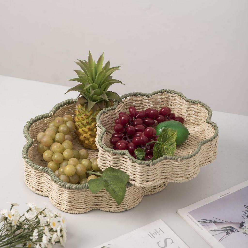 Hand-Woven Paper Rope Storage Basket Imitation Rattan Household Storage Basket Living Room Snack Tray Desktop Storage Basket