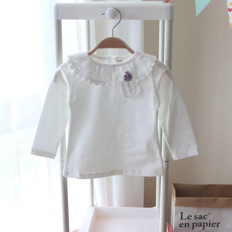Girls' White Peter Pan Collar Long Sleeve Cotton T-Shirt for Spring/Autumn