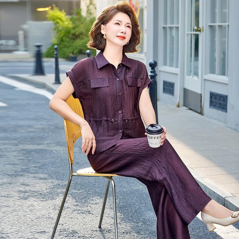 

Dignified Summer Two-Piece Set for Elegant, Mature Women: Noble Lady Wide-Leg Pants Outfit 2XL (95-115 jin)
