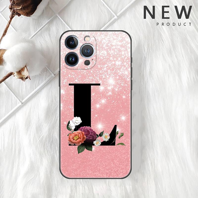 Letter A B C Flowers Pink Case For Apple iPhone 11 15 13 14 Pro Max 12 Plus X 15Pro Black Silicone Phone Coque