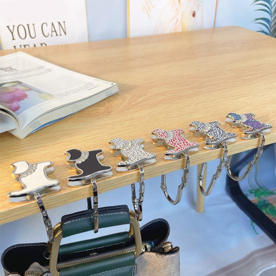 Cat-Shaped Bag Hook with Shiny Rhinestones Decor Non-Slip Base Foldable Desk Edge Handbag Hanger Keychain