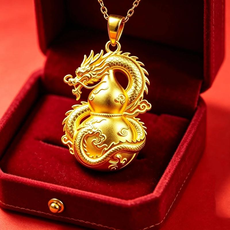Gold Dragon Gourd Pendant Necklace With Intricate Carvings Auspicious Symbolism Perfect For Daily Wear Gifting Jewelry