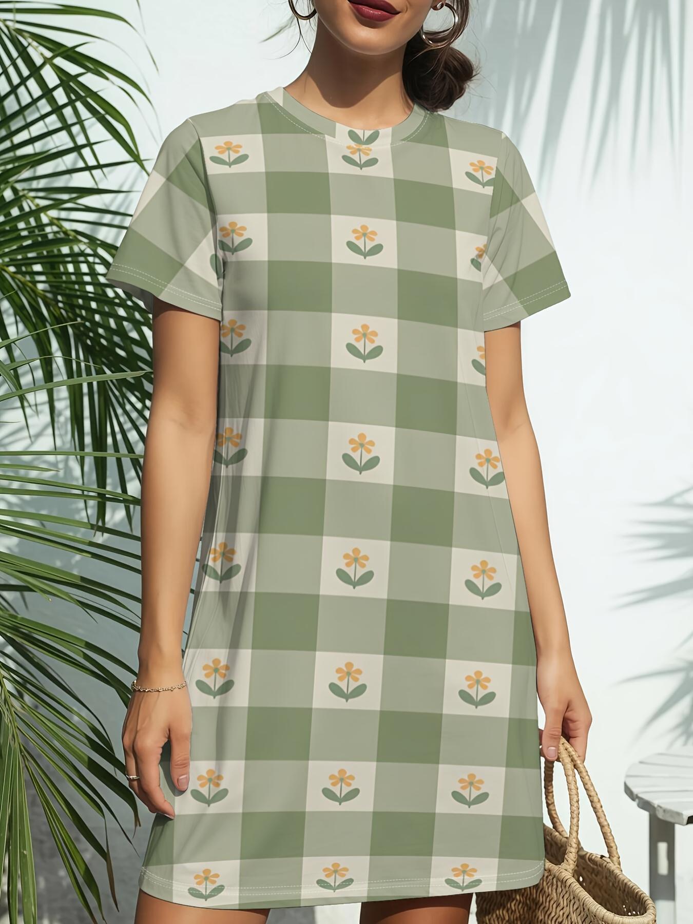 Women s Green Gingham T-Shirt Dress - Short Sleeve Round Neck Casual Short Dress with Gingham Print. Spring Summer Outfits. Birthday Dress Suitable fo S дубильная кора