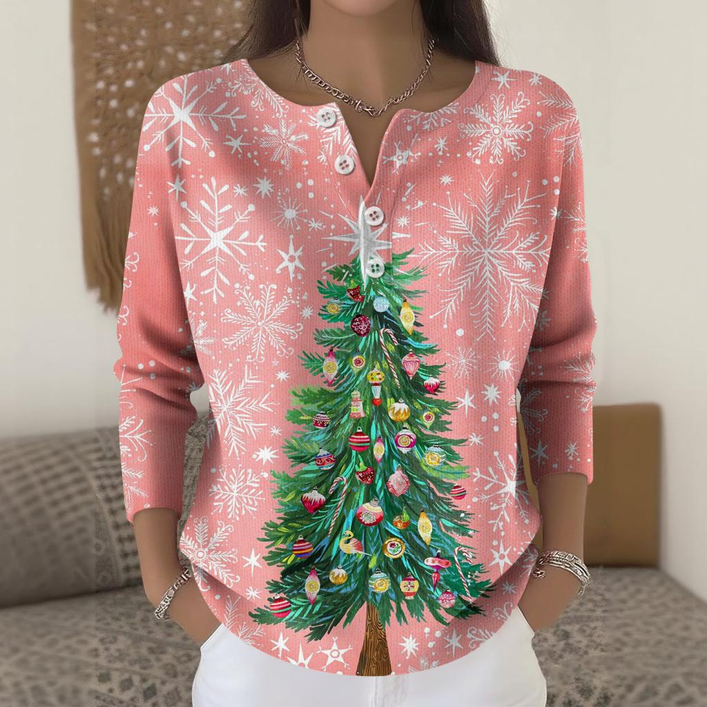 Women's Fashion Long Sleeve Christmas Snowflake Print Top Elegant Casual Top