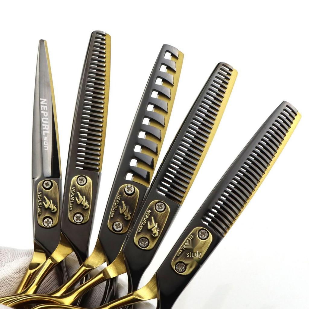 6.0-Inch Black & Gold Napson Hairdressing Scissors with Serrated, Seamless, V-Shaped & Fishbone Teeth