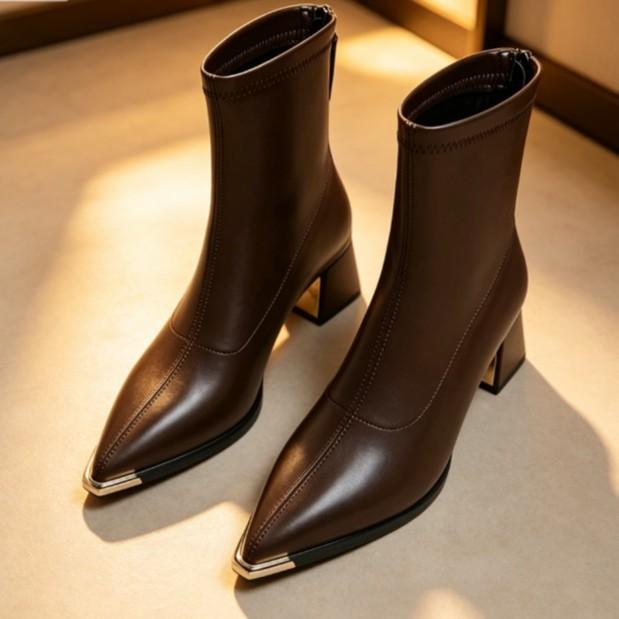 French pointed high-heeled short boots women's autumn and winter metal head thick heel commuting versatile rear zipper women's boots