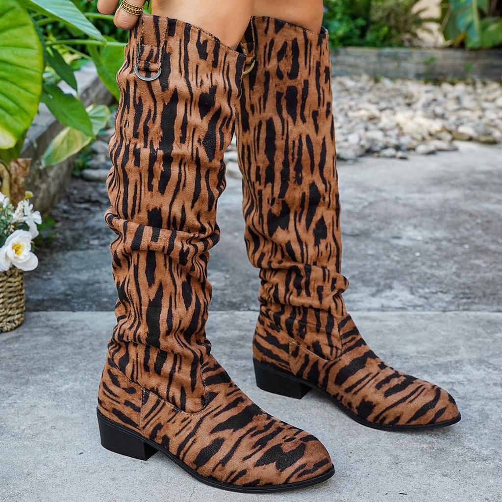 Fashion New Leopard Print Pointed Toe Suede Sleeve Non-Slip Wear-Resistant Square Heel Tall Boot for Autumn