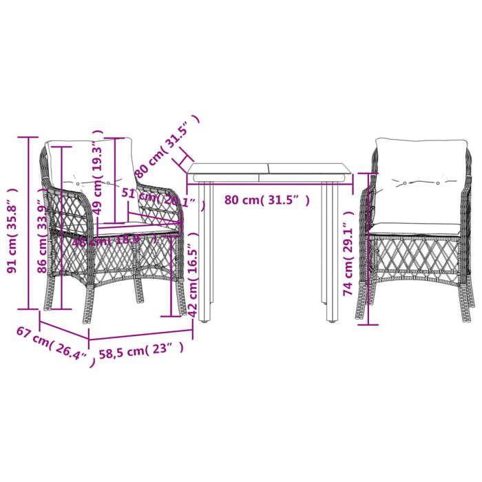 VidaXL Bistro Set with Cushions 3 Pcs, Garden Table and Chairs, Outdoor Furniture Set Balcony, Modern, 3212145