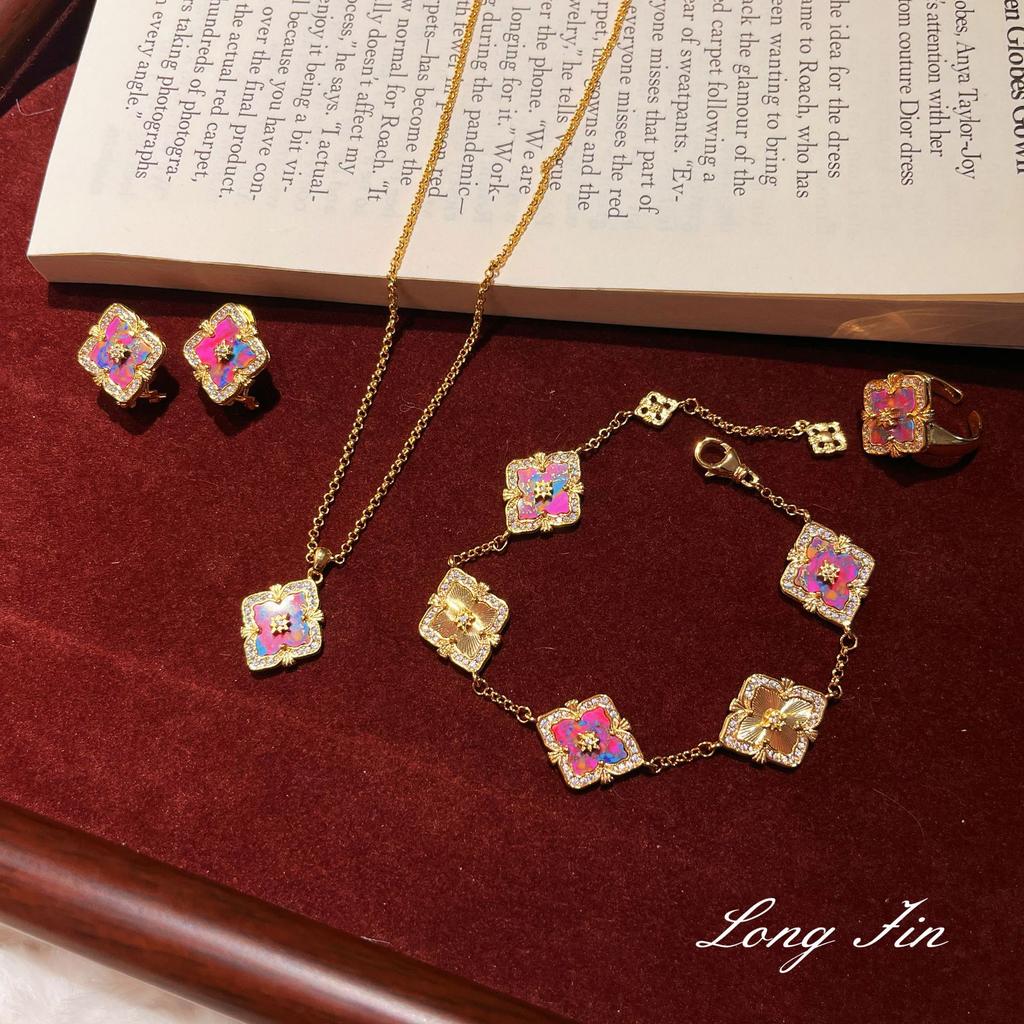 Italian Retro Court Style Color Treasure Four-Leaf Clover Set Exquisite High-End Versatile Temperament Necklace Bracelet Earrings