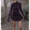 Autumn New Women clothes French style Idle Style Half-high Collar Long sleeve Waist Hugging A- Shaped Wool Knitting Short Dress