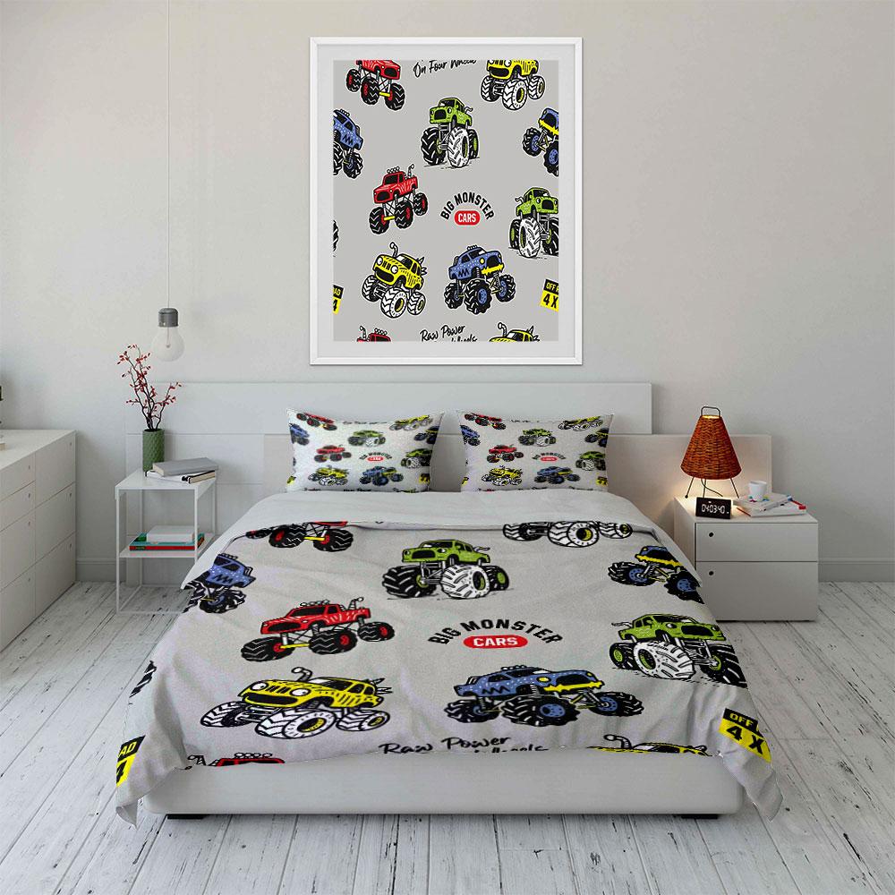 Big Monster Truck Pattern Bedding Duvet Cover Set Duvet Cover Pillowcases (1*Duvet Cover 2*Pillowcases, Without Duvet Insert)