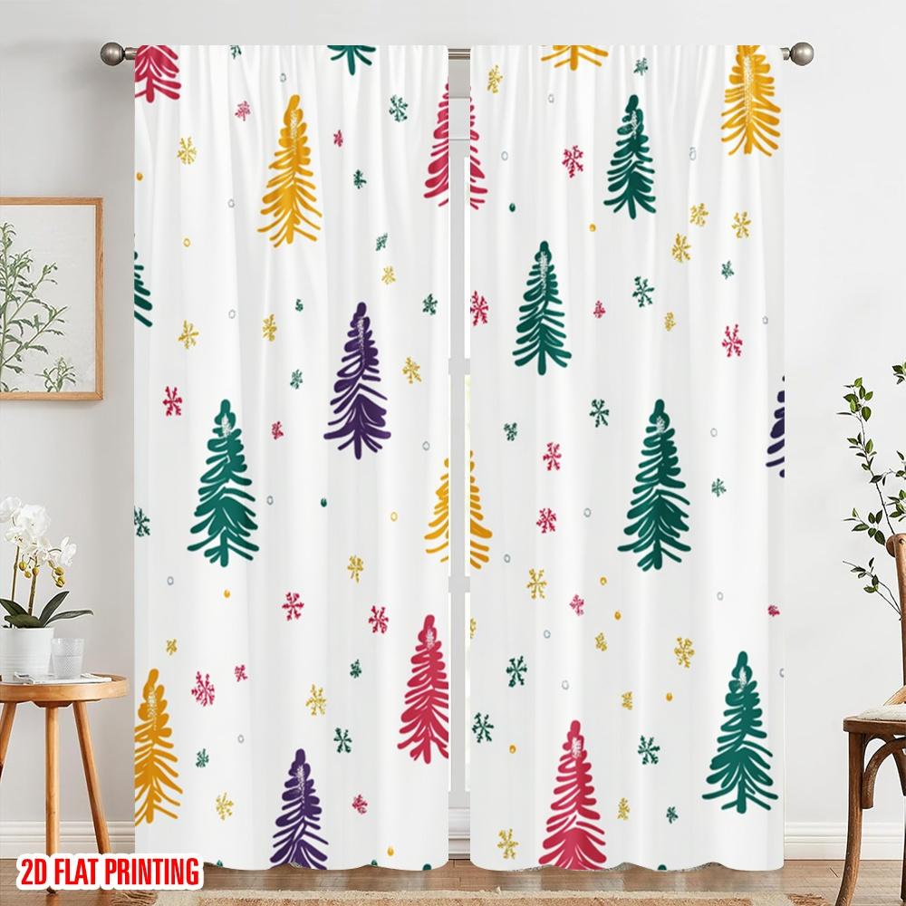 2pcs,2D Plane Printing Curtains Digital Printed Christmas Trees Snowflakes Festive Versatile Polyester Fabric (without Rod)