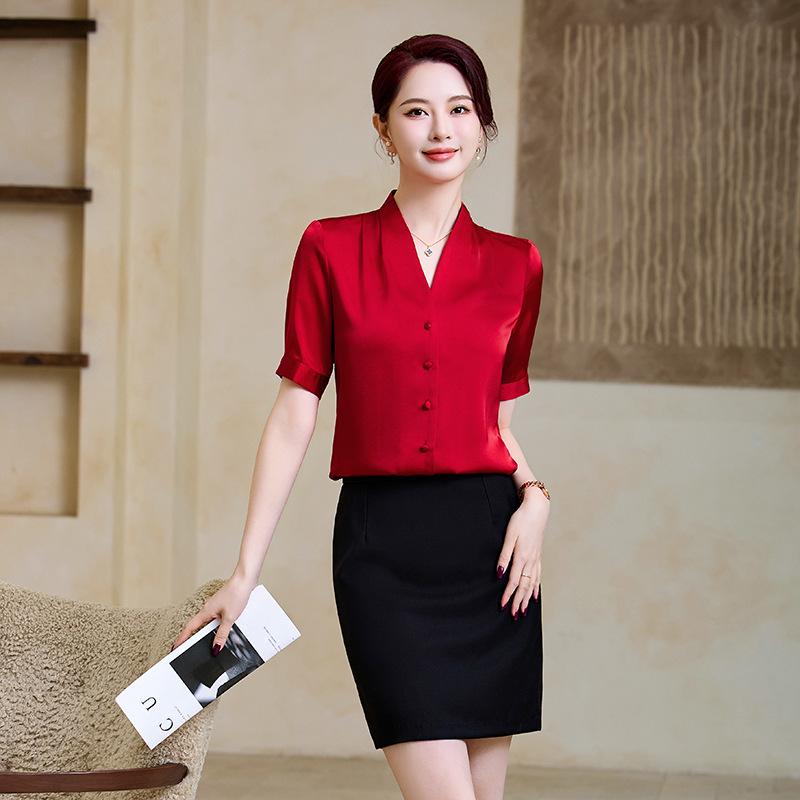 Women's Blue Chiffon V-Neck Shirt - Summer Short-Sleeve Professional Top