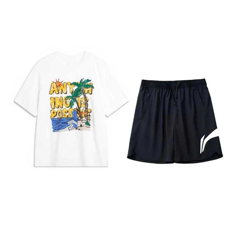 

Li-Ning Letter Print Round Neck Pullover Short Sleeve T-Shirt Cool Breathable Comfortable Fashion Shorts Casual Sports Suit AHSU707-2+YKSV197-2 XL