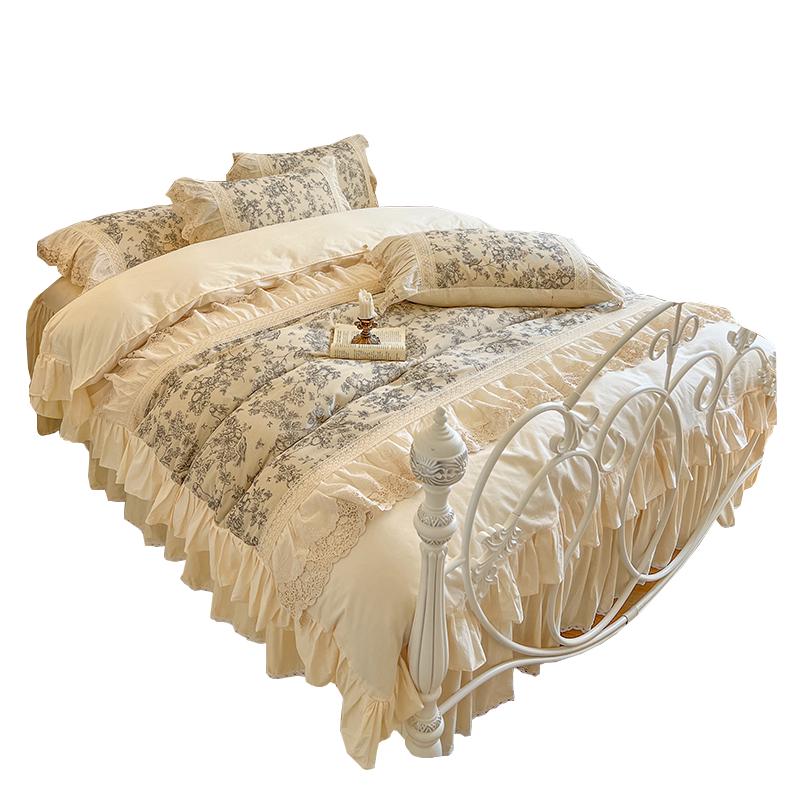 French Retro Princess Style Cotton Bedding Set with Lace Edge