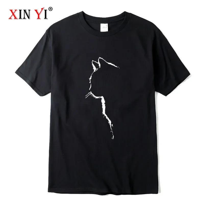 High-quality 100% pure cotton short-sleeved men's T-shirt, cool cat print O-neck, casual hip-hop men's summer T-shirt top