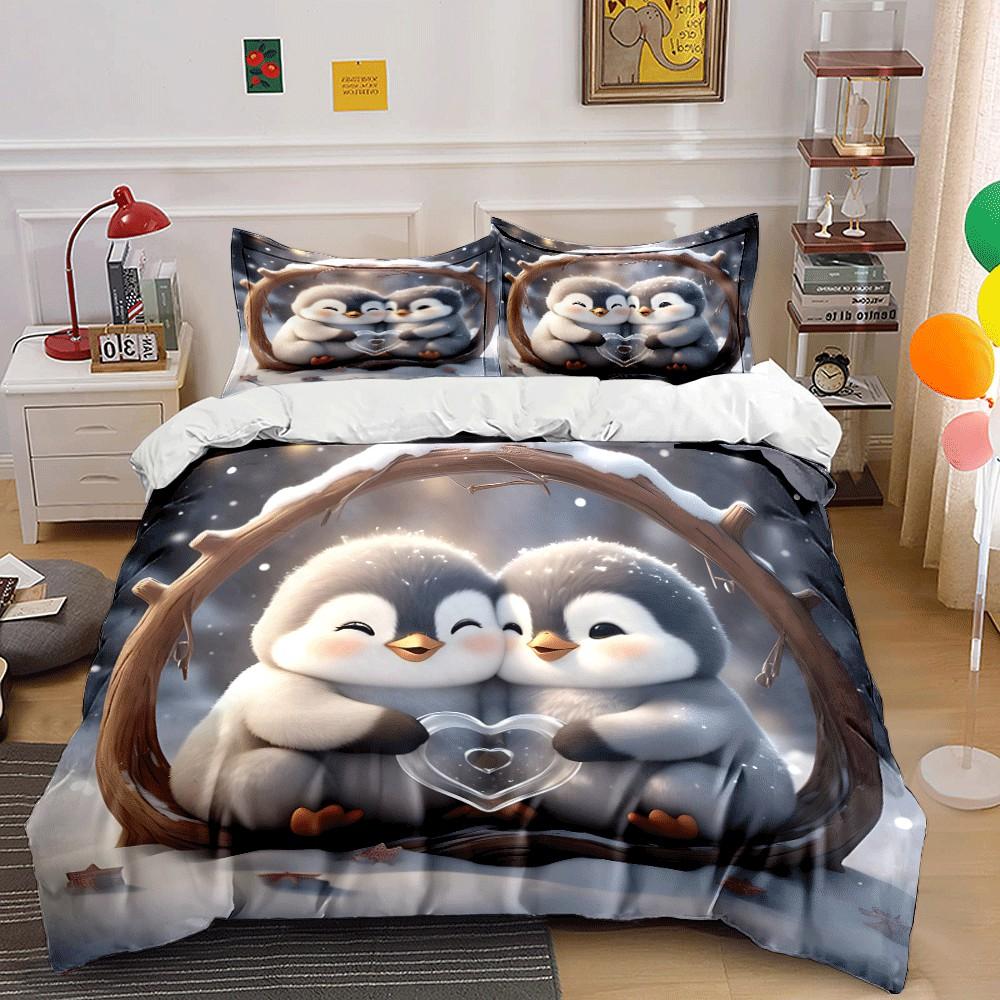 Penguin Love Winter Decor Set Exquisite Three-Piece Bedding Set Gift For Kids And Adults