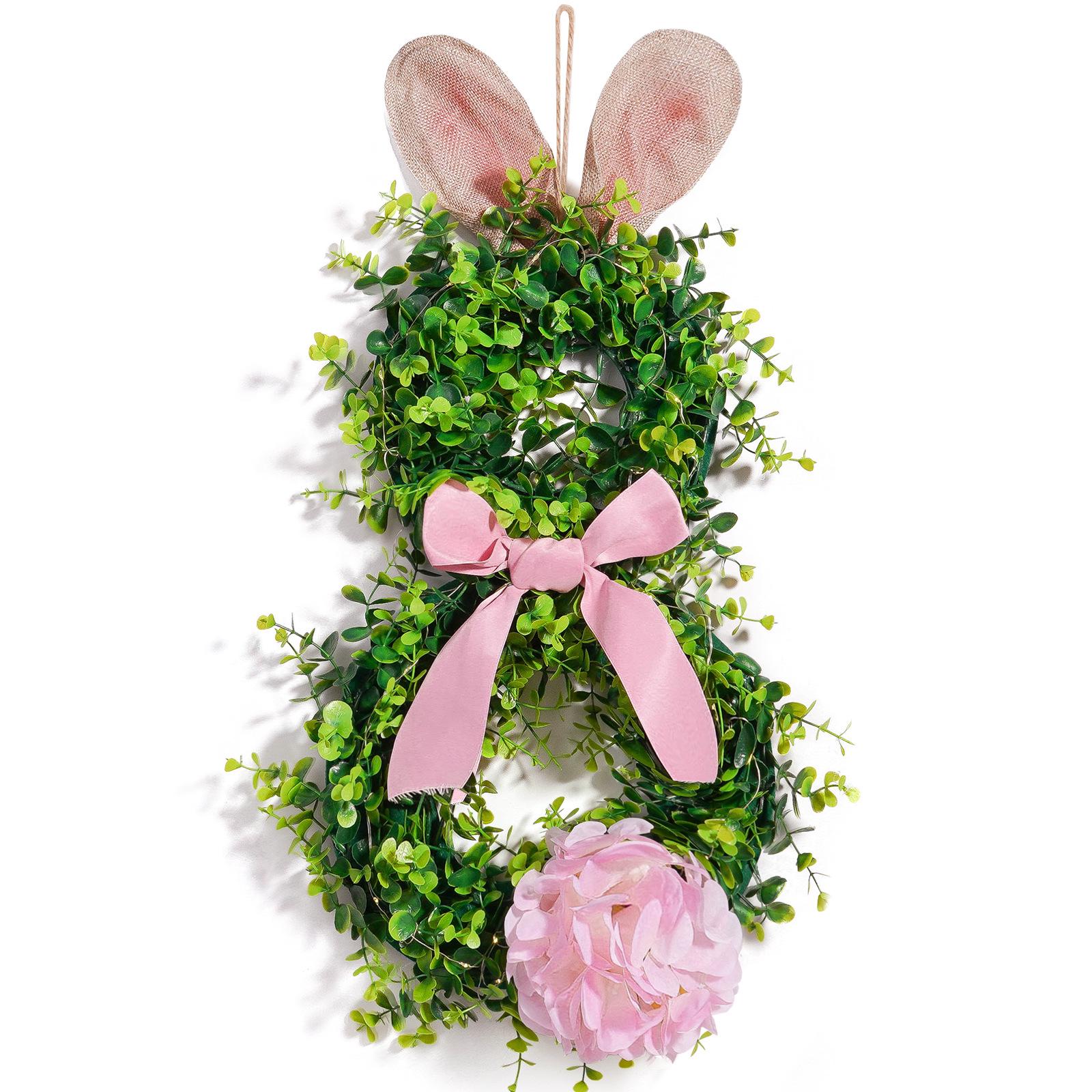 Lighted Easter Bunny Ear Wreath with Floral Accents and Bunny Pendant