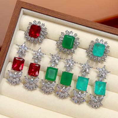 Set Of Jewelry, Earrings, Rings, Square Colored Treasure, Red Corundum Style, Light Luxury Women