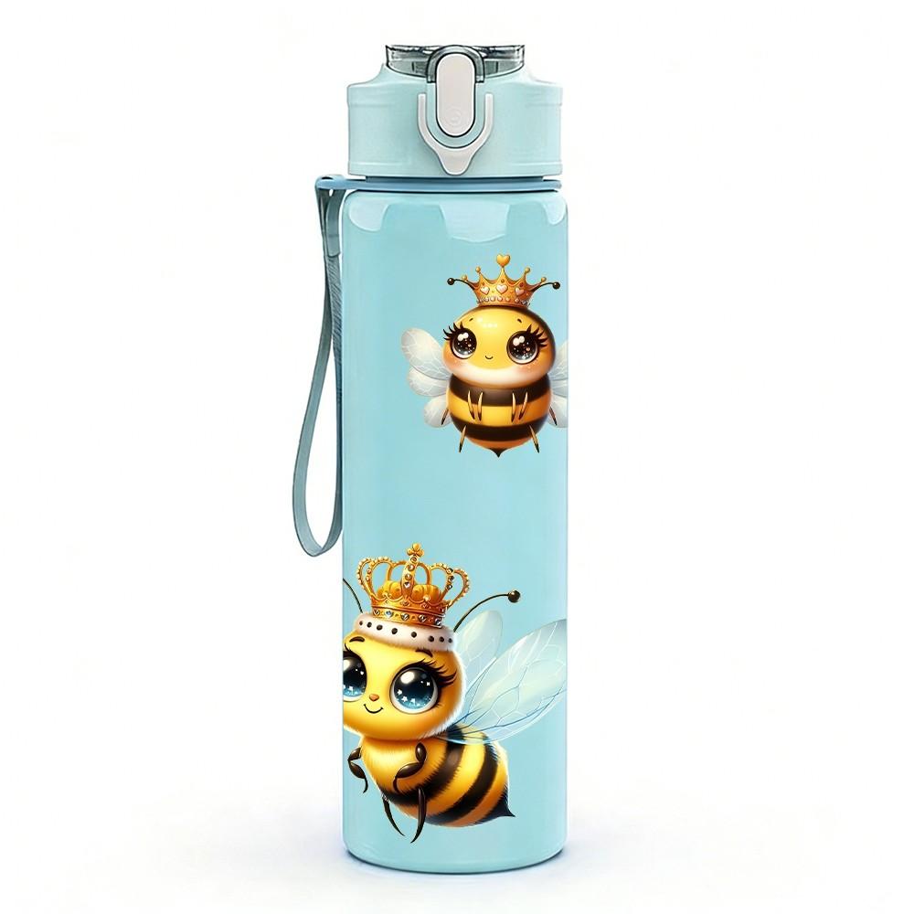 1PC Simple Flying Bumble Bee Print 750ml Color Plastic Sports Water Bottle Leakproof Flip Straw Lid Suitable for Sports Office Home Use