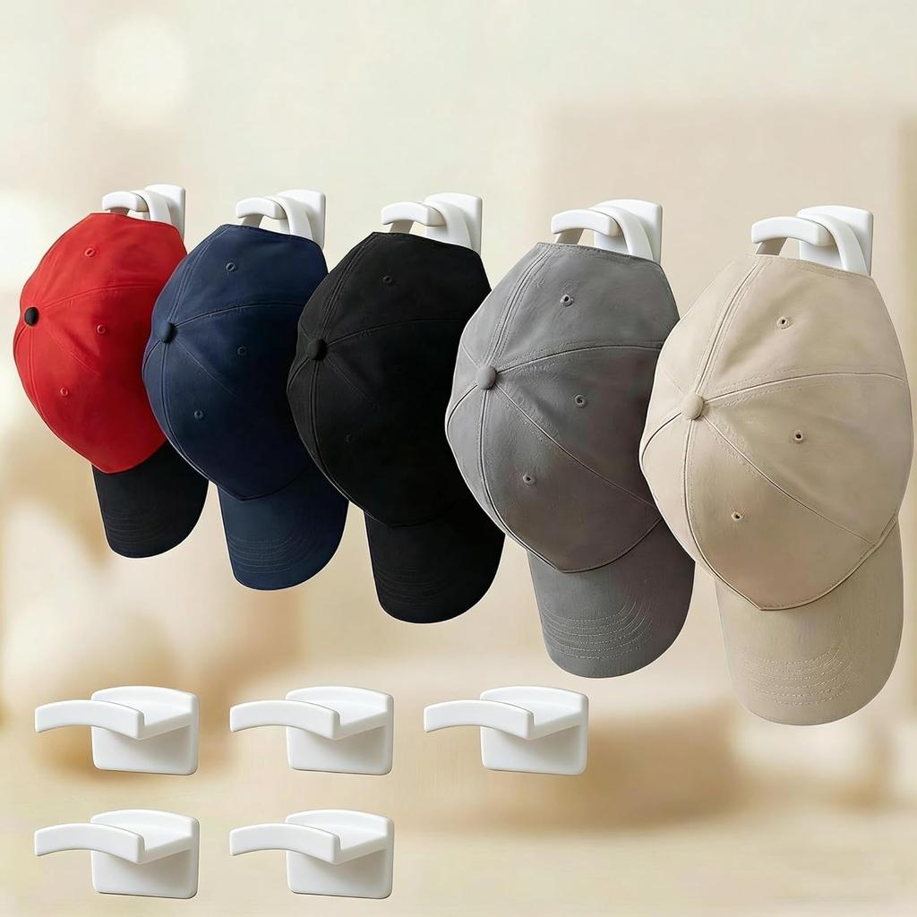 5-Pack Adhesive Hat Hooks for Wall - Minimalist Baseball Cap Organizer & Display Rack - No Drilling Sticky Hat Hangers for Door, Closet & Room Decor