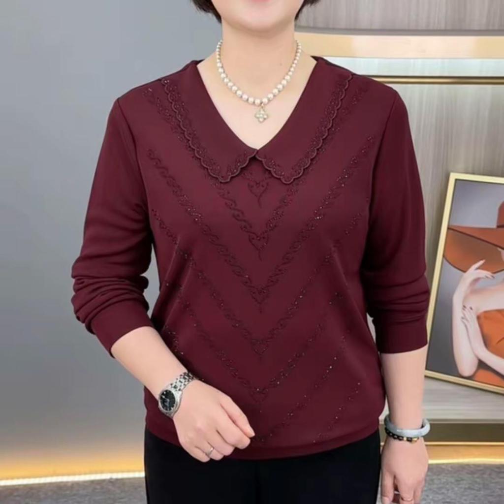 Autumn Chic Long-Sleeve Slimming Rhinestone Doll Collar T-Shirt