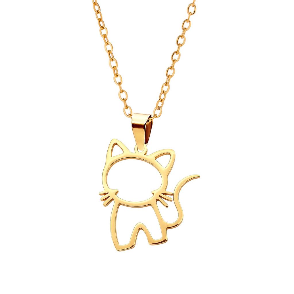 Stainless Steel Hollow Animal Pendant Necklace - Cute Cartoon Kitten Design