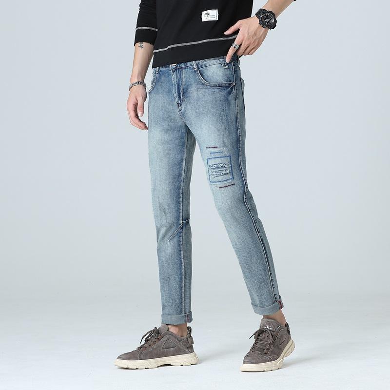 Worn Patch Men's Stretch Casual Jeans Men's Retro Pleated Slim Fitting Small Straight Leg Pants Men's
