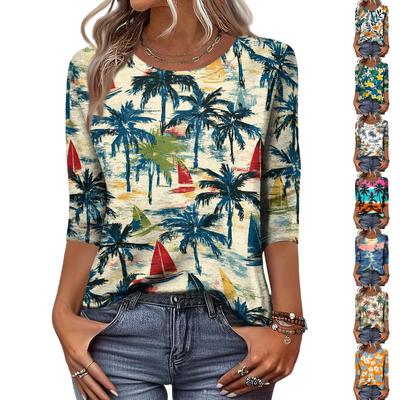 Modny Top Vintage z Rękawem 3/4 dla Kobiet, Damska Casualowa Bluzka T-Shirt z Rękawem Trzy Czwarte i Okrągłym Dekoltem z Nadrukiem
