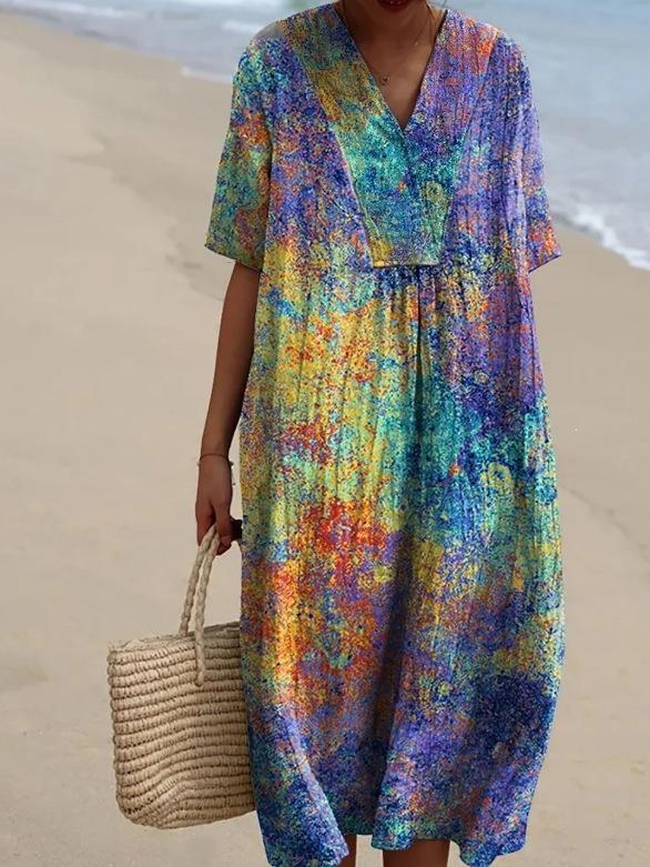 New Imitation Cotton Large Size Women's Shirt Short Sleeve Dress Ocean Vacation Company