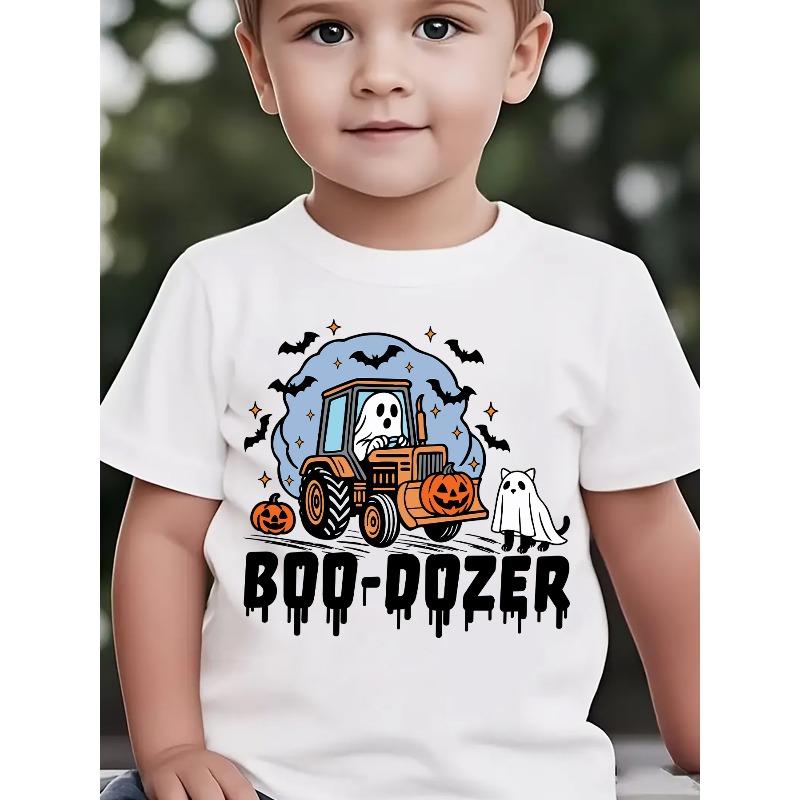European Size Boys Round-neck Short-sleeved T-shirt with Cartoon Ghost Bat and Pumpkin Pattern Print