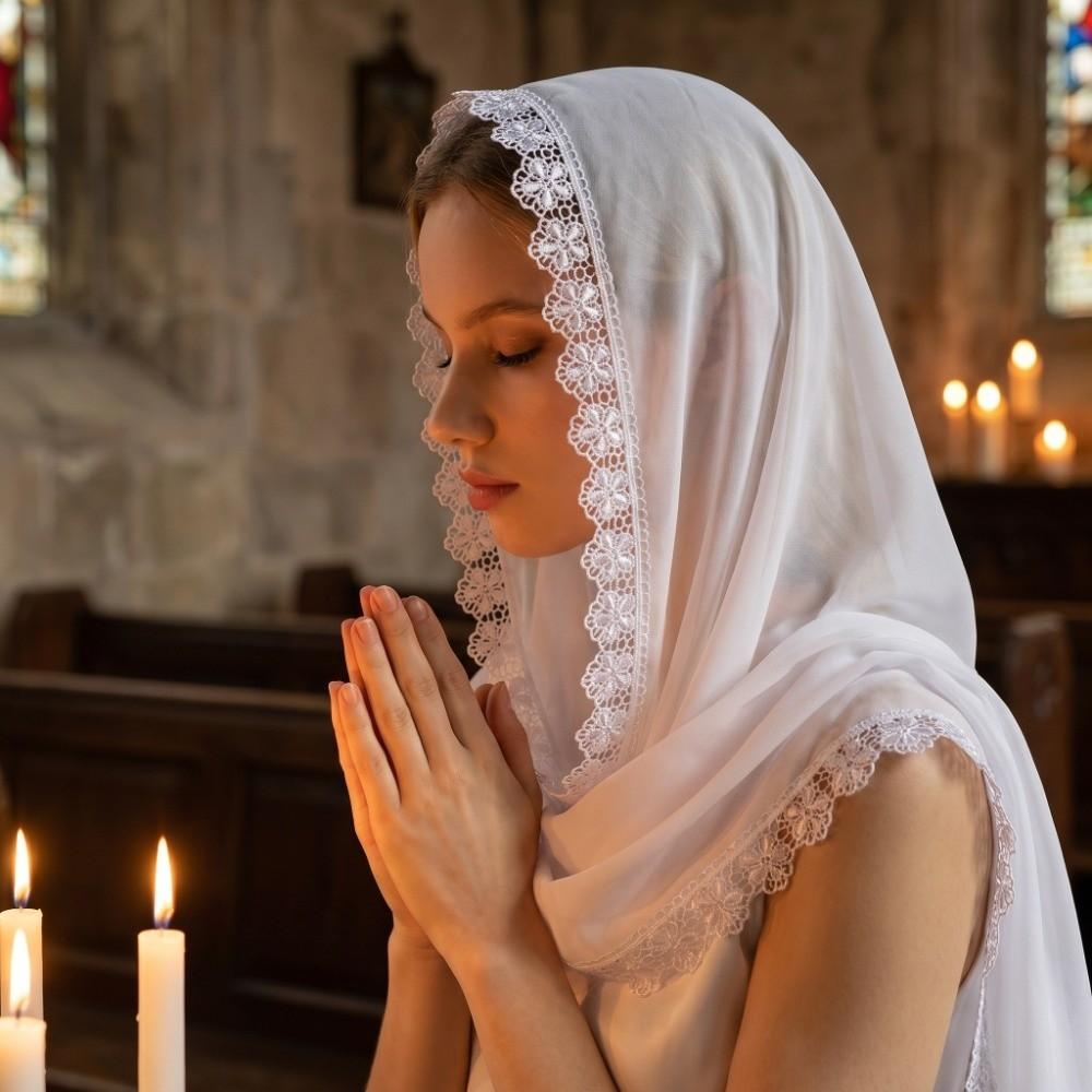 Solid Color Bridal Headscarf Lace Trim Cathedral Veil Hot Weather Wedding Hijab  Catholic Communion