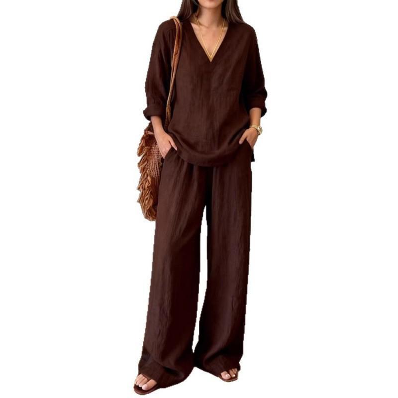 Women's Casual Collar Pullover Long-sleeved Extended Pants Washed Cotton Multicolour Women