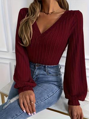 2025 Autumn/Winter Women's Solid Color Ribbed V-Neck Long Sleeve Casual Top