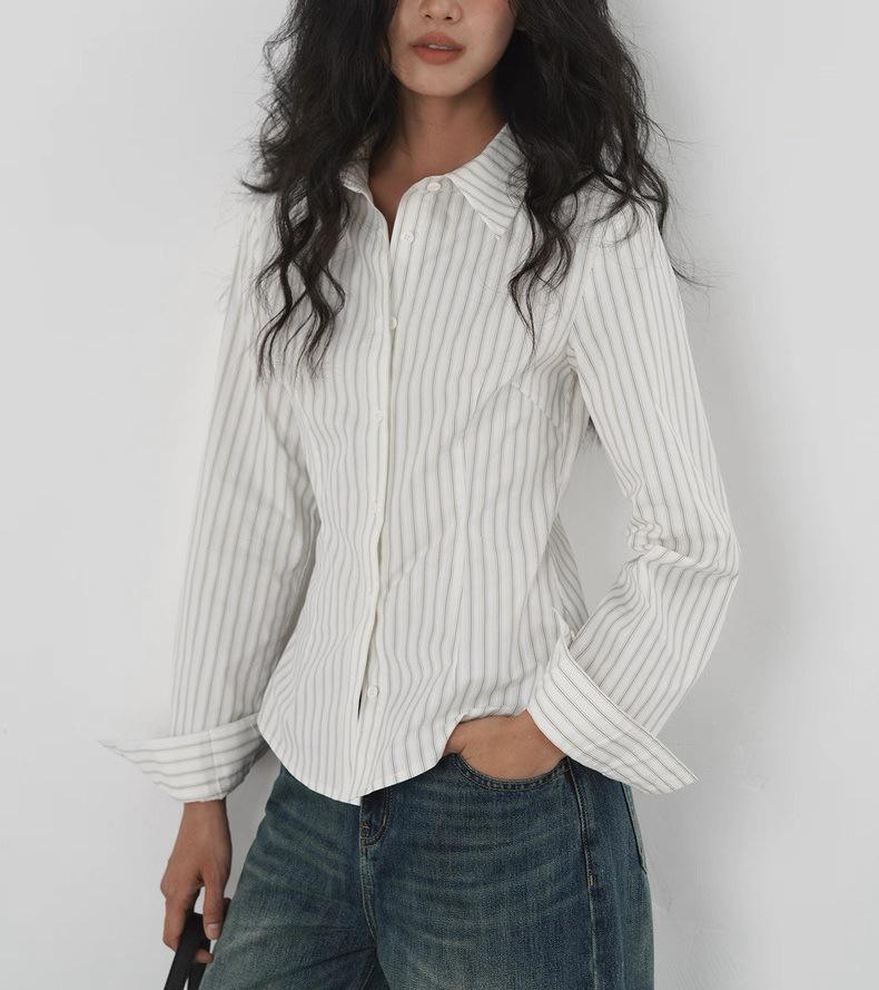 Французская ретро-рубашка в полоску с длинным рукавом, приталенная, с отложным воротником L